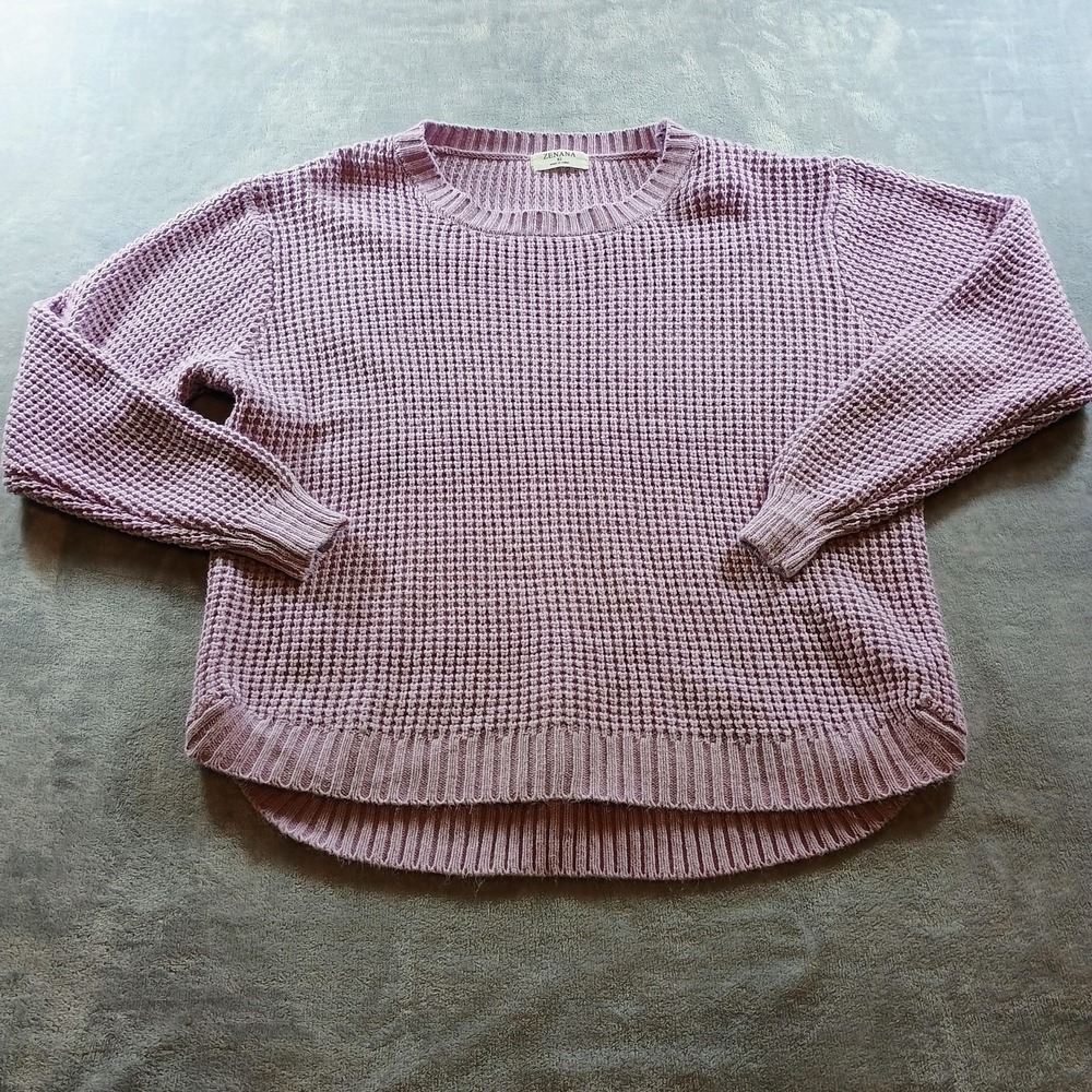 Zenana Sweater Womens XL Purple Waffle Knit High Low Hem Crew Neck Pullover